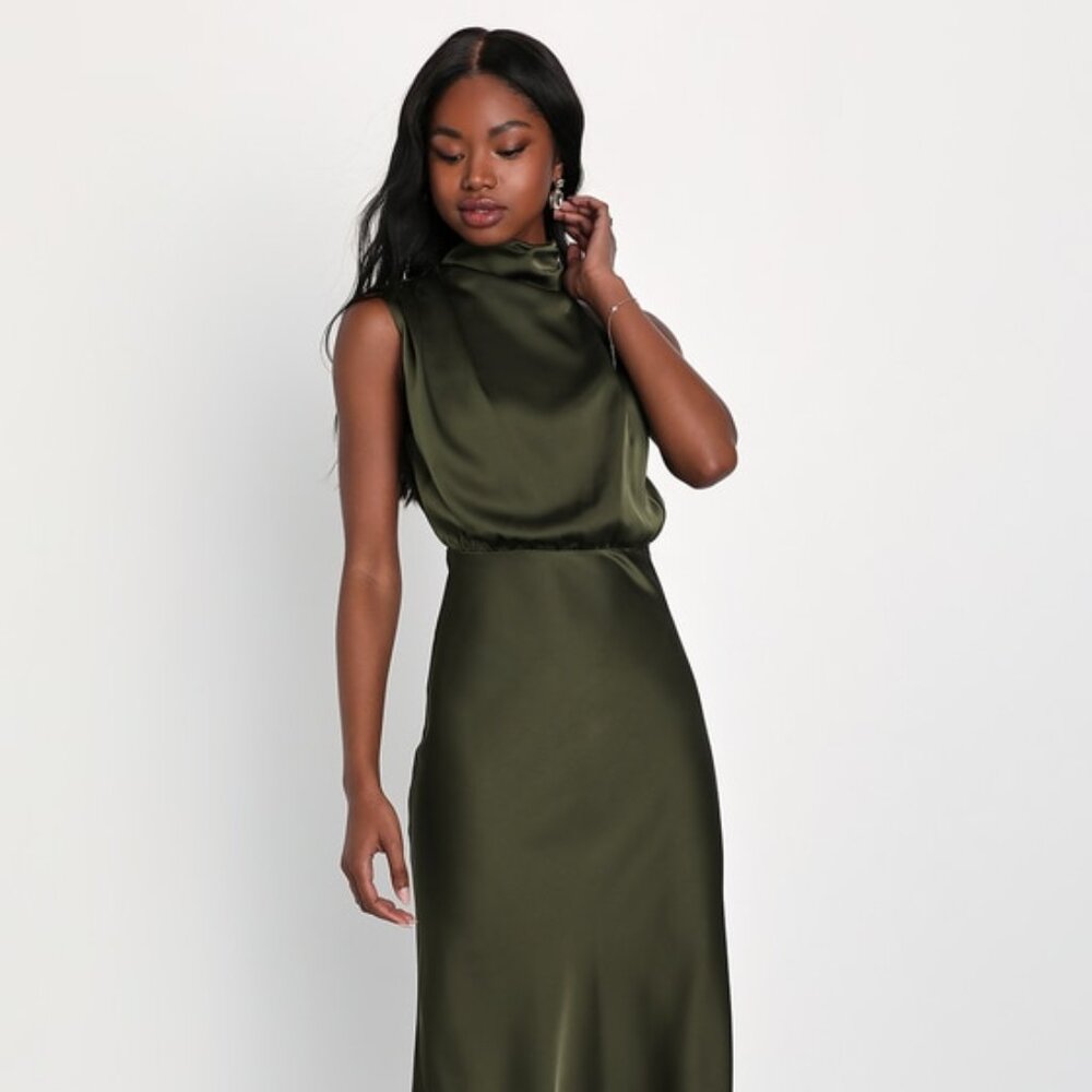 Lulus Distinctive Charm Olive Green Satin Asymmetrical Midi Dress - Size XL